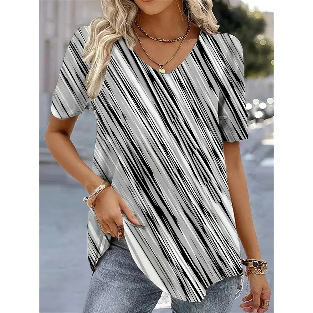 Elara | Summer V-Neck Striped Graphic T-Shirt