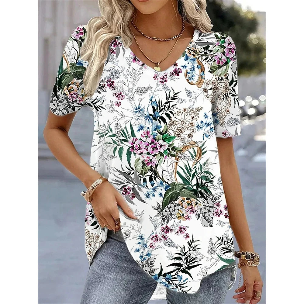 Elara | Summer V-Neck Striped Graphic T-Shirt