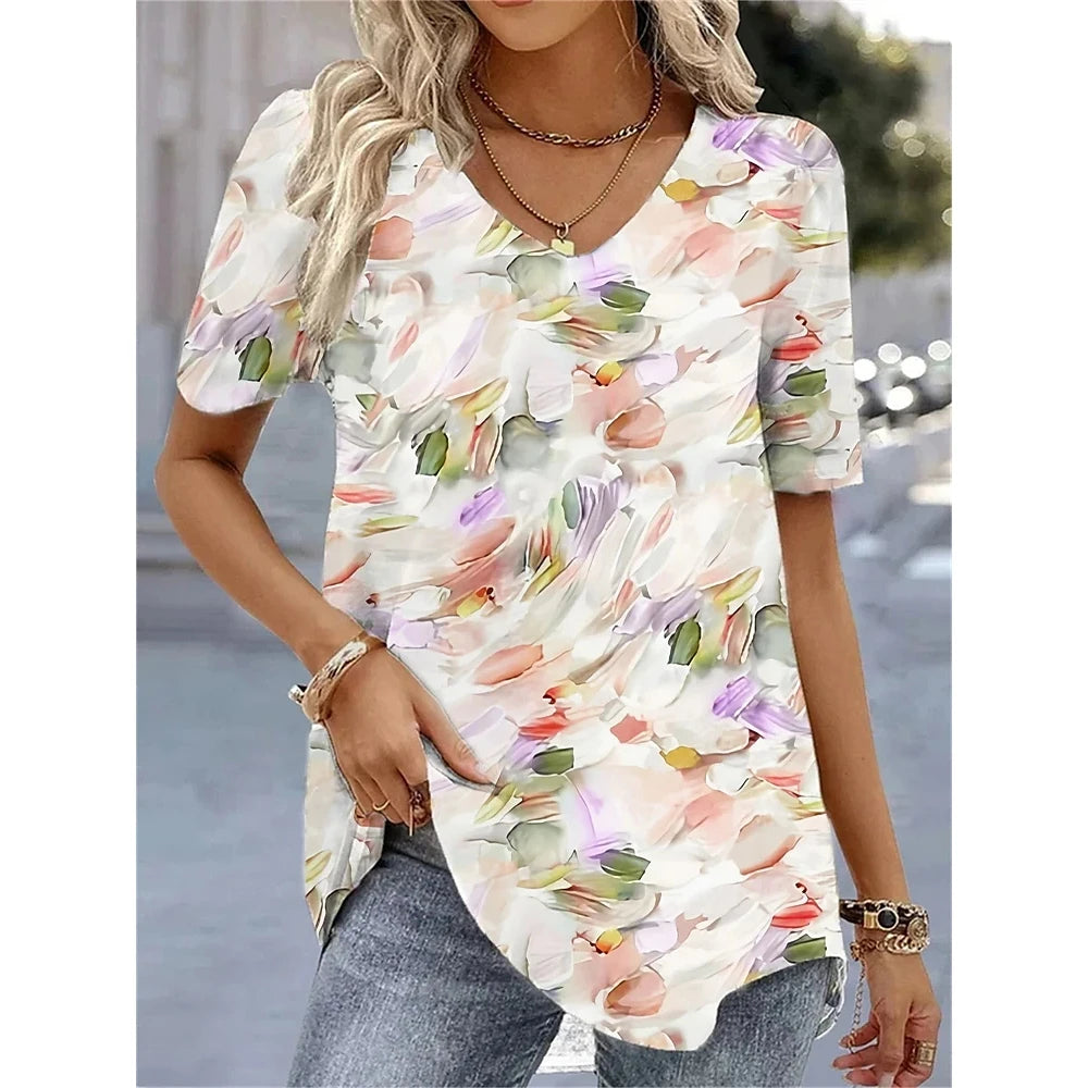Elara | Summer V-Neck Striped Graphic T-Shirt