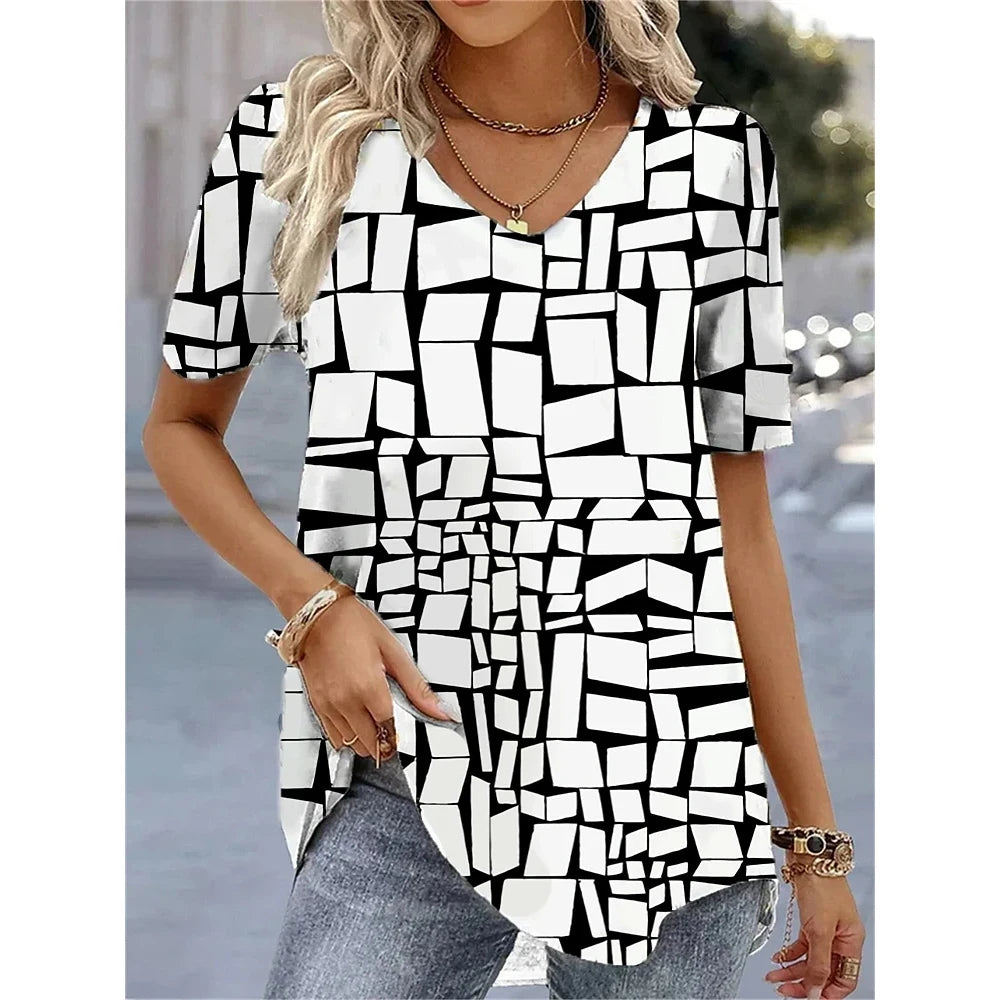 Elara | Summer V-Neck Striped Graphic T-Shirt