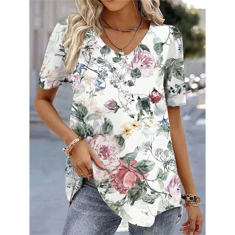 Elara | Summer V-Neck Striped Graphic T-Shirt