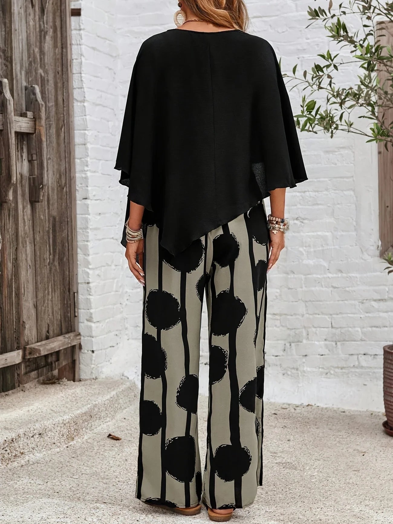 Milavie™ | Women’s Asymmetric Top and Printed Pant Set