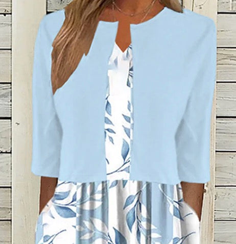 Mary™ | Unique Blue Plant Print Midi Dress With Jacket