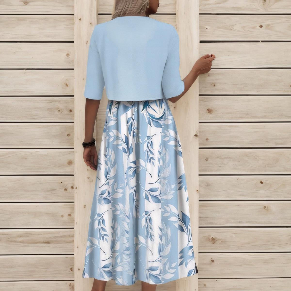 Mary™ | Unique Blue Plant Print Midi Dress With Jacket