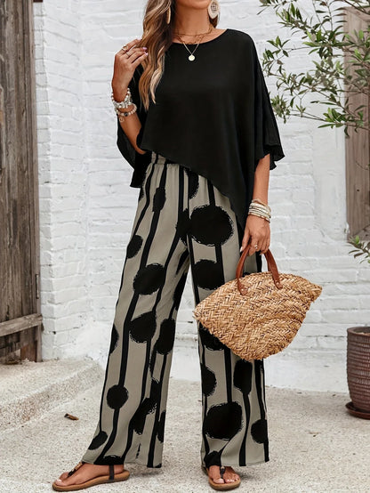 Milavie™ | Women’s Asymmetric Top and Printed Pant Set