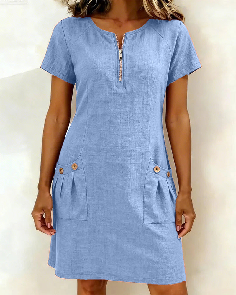 Bonnie | Cotton Linen Zip Dress With Pockets