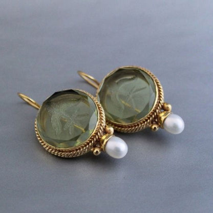 Penelope Vintage Earrings with Green Stone and Pearl