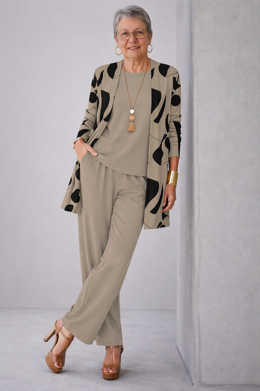 Adeline™ | Patterned Cardigan Top & Wide-Leg Pants 3-Piece Set