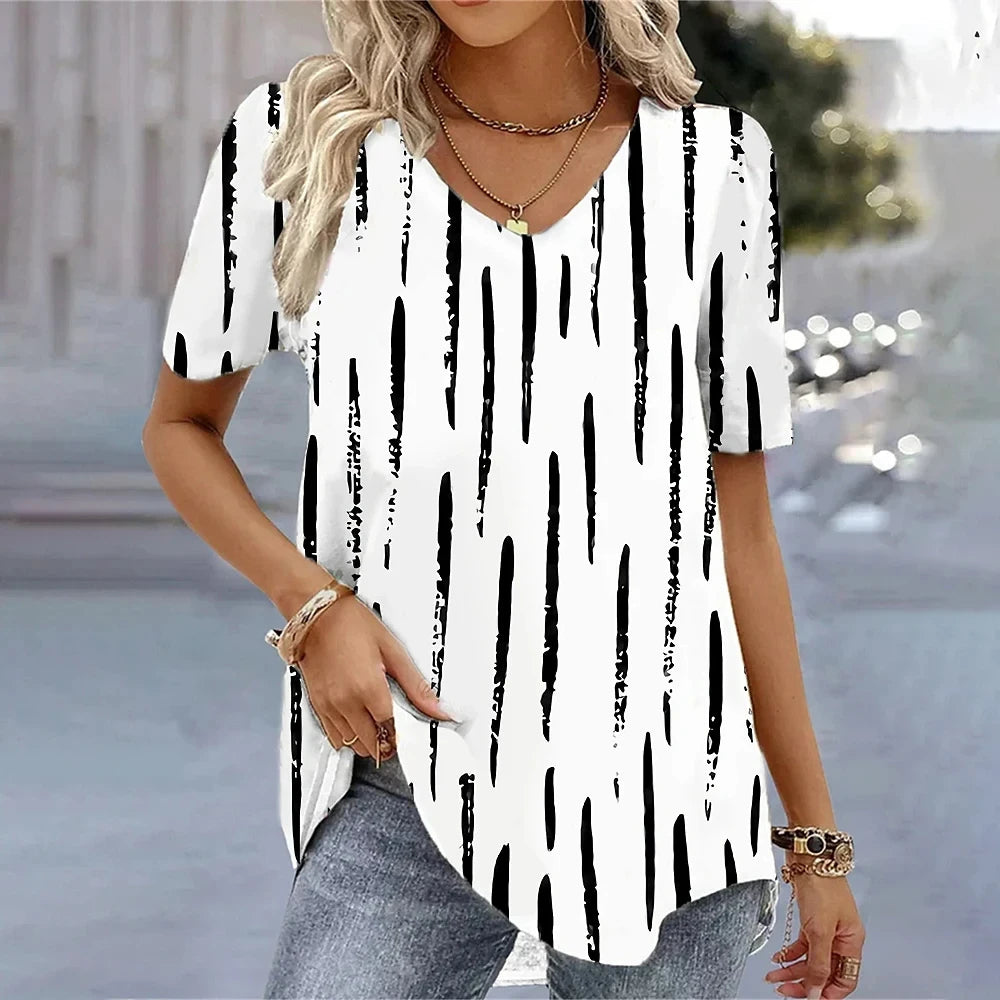 Elara | Summer V-Neck Striped Graphic T-Shirt