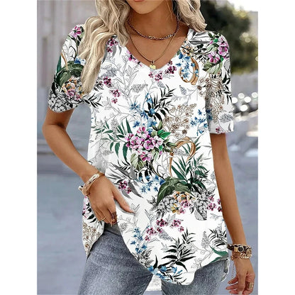 Elara | Summer V-Neck Striped Graphic T-Shirt