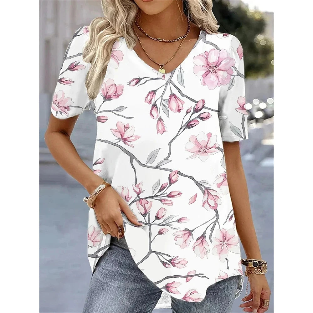 Elara | Summer V-Neck Striped Graphic T-Shirt