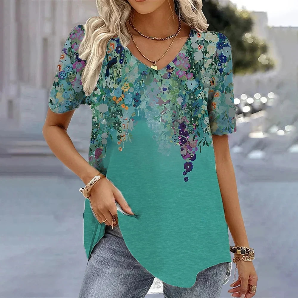 Elara | Summer V-Neck Striped Graphic T-Shirt