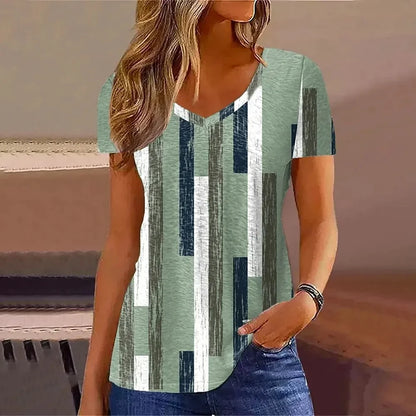 Elara | Summer V-Neck Striped Graphic T-Shirt