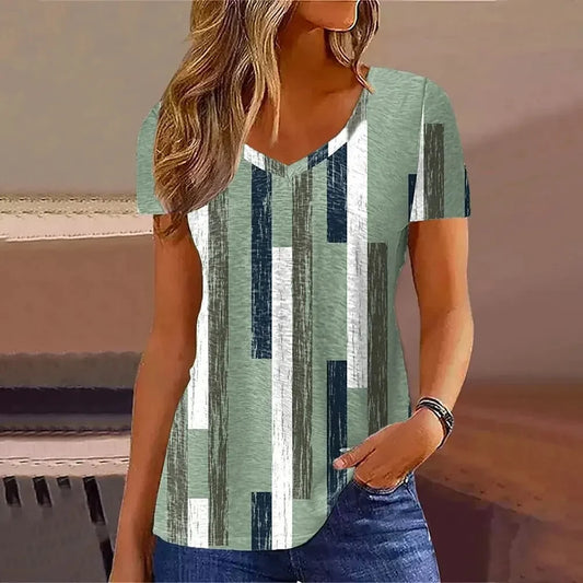 Elara | Summer V-Neck Striped Graphic T-Shirt