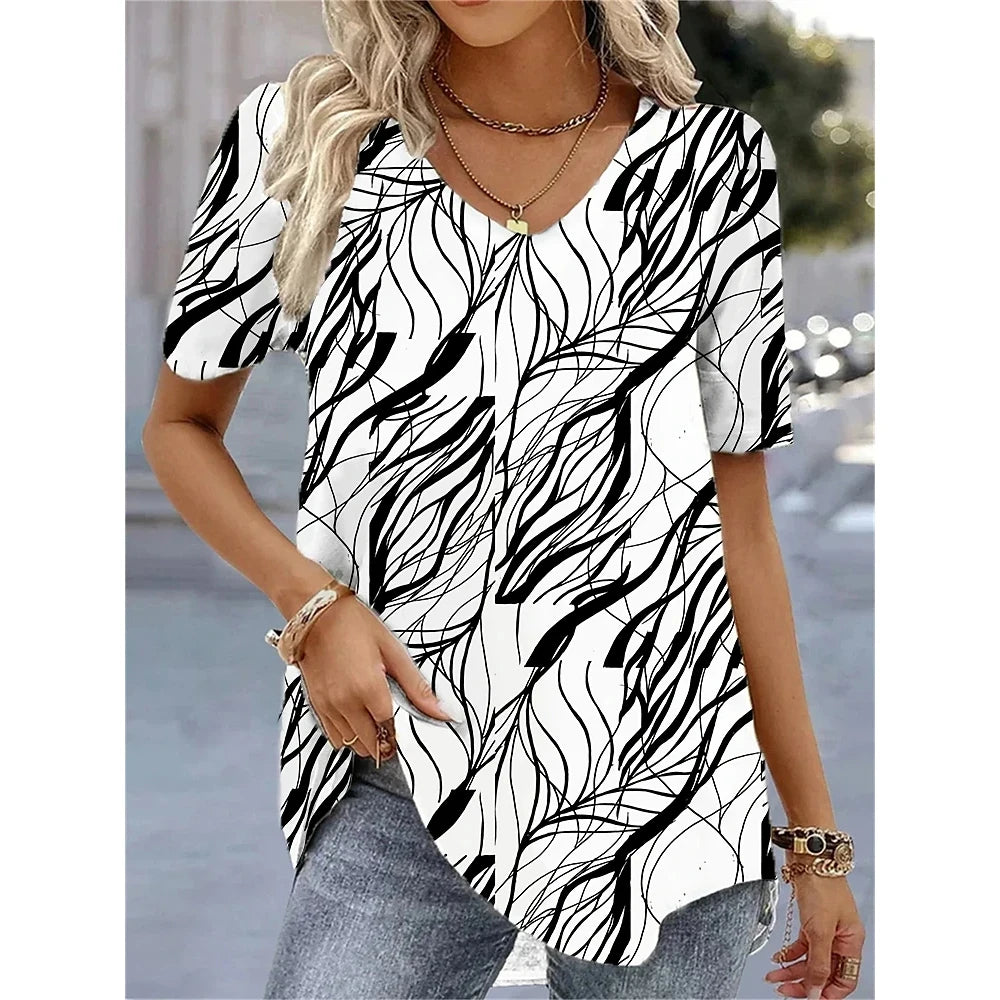 Elara | Summer V-Neck Striped Graphic T-Shirt