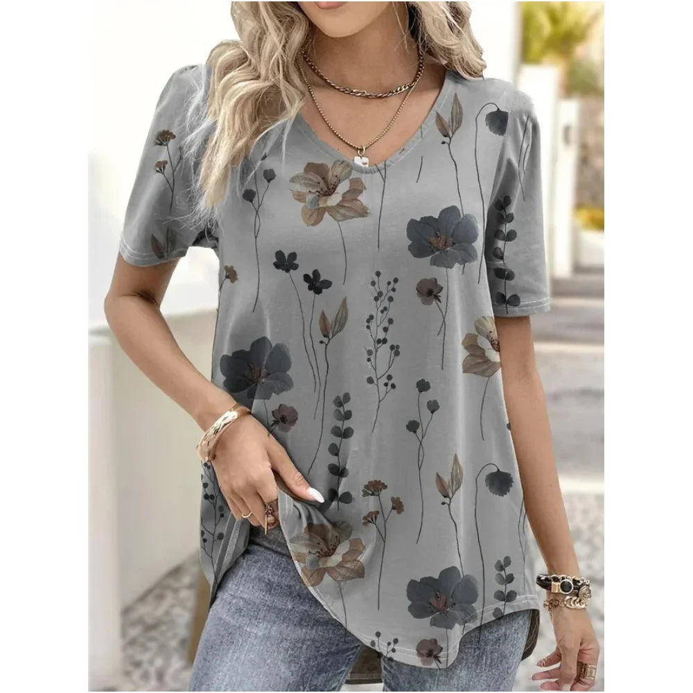 Elara | Summer V-Neck Striped Graphic T-Shirt