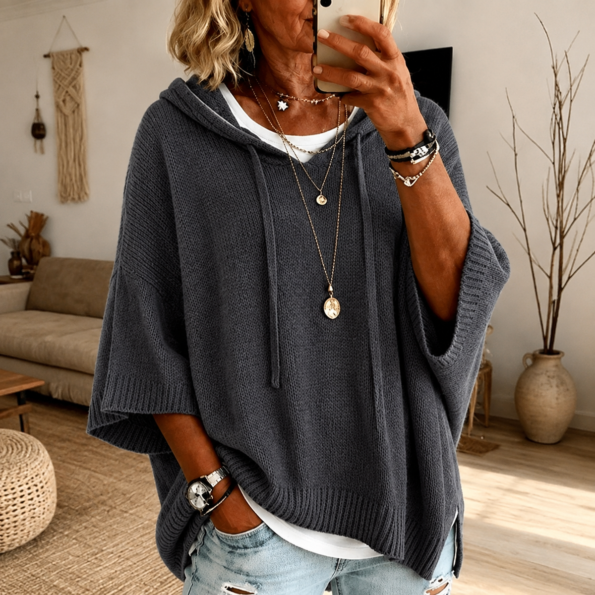 Donna | Charcoal Poncho Sweater