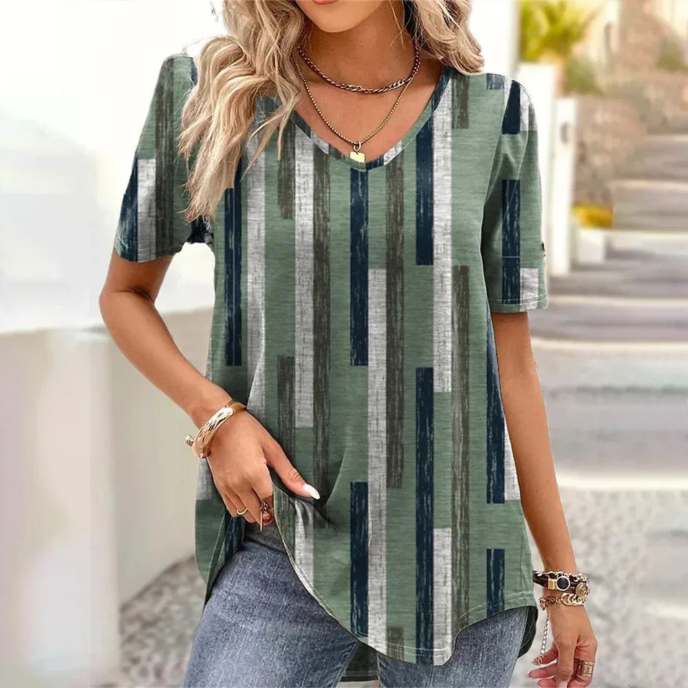Elara | Summer V-Neck Striped Graphic T-Shirt