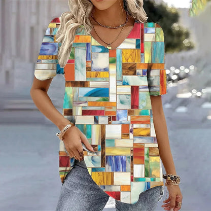 Elara | Summer V-Neck Striped Graphic T-Shirt