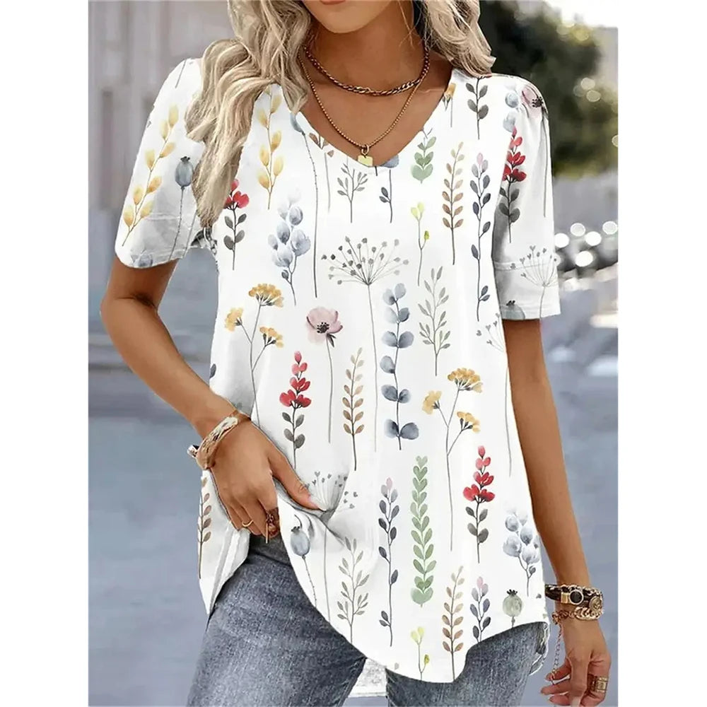 Elara | Summer V-Neck Striped Graphic T-Shirt