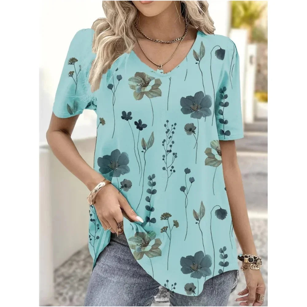 Elara | Summer V-Neck Striped Graphic T-Shirt