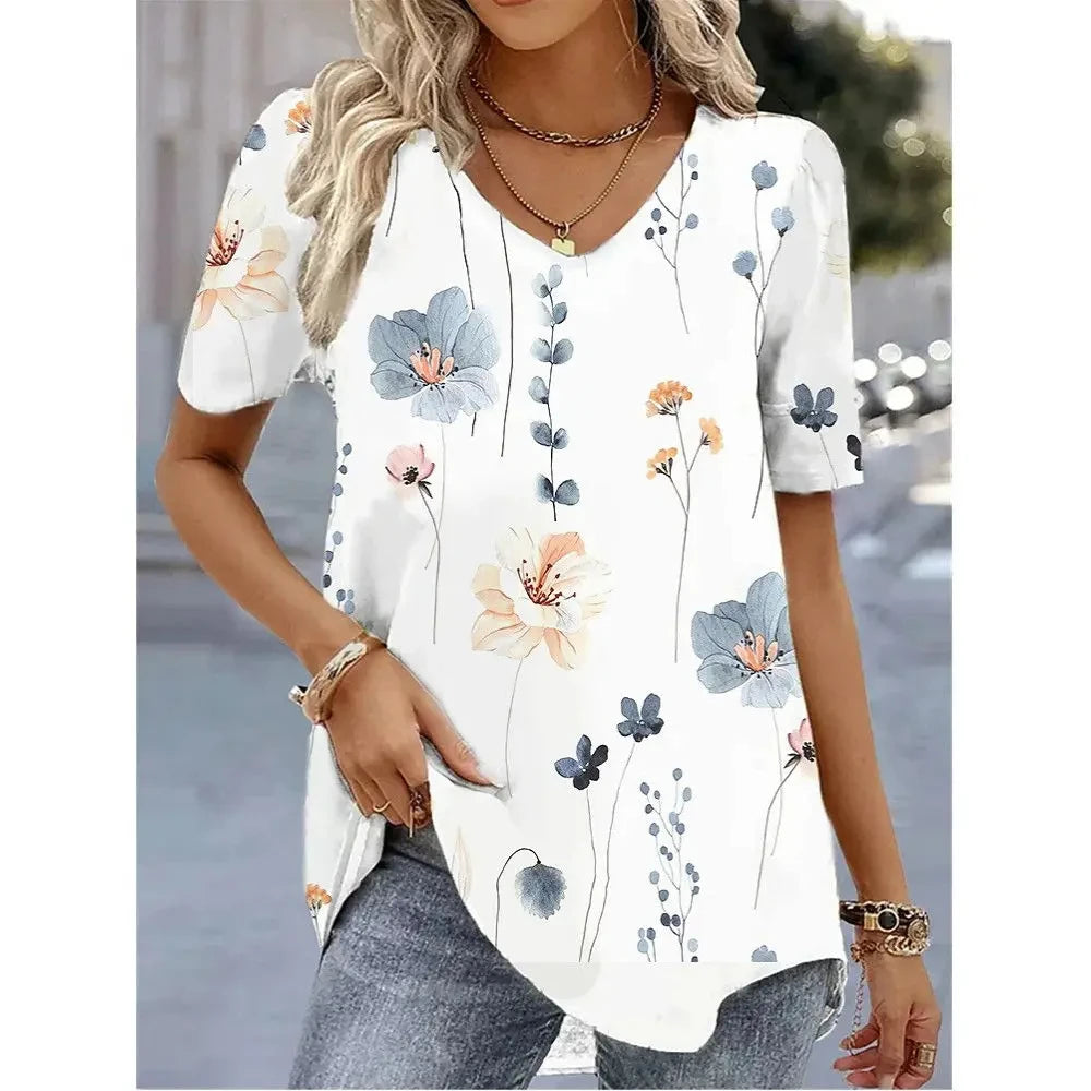 Elara | Summer V-Neck Striped Graphic T-Shirt