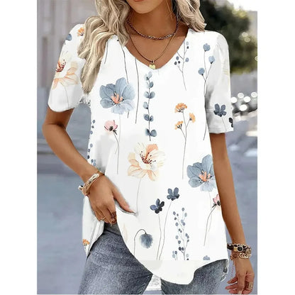 Elara | Summer V-Neck Striped Graphic T-Shirt