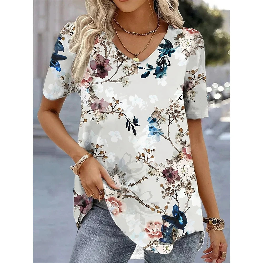 Elara | Summer V-Neck Striped Graphic T-Shirt