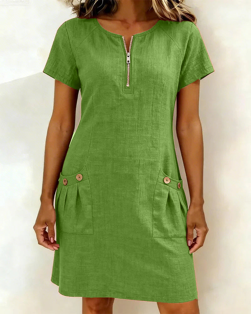 Bonnie | Cotton Linen Zip Dress With Pockets