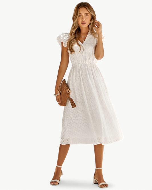 Lara™ | V-Neck Midi Dress with Ruffled Sleeves