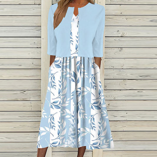 Mary™ | Unique Blue Plant Print Midi Dress With Jacket