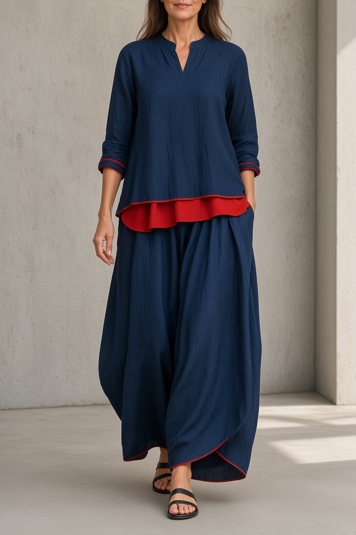Brittany™ | Contrast-Trim Tunic & Wide-Leg Pants Set