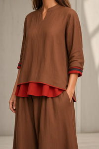 Brittany™ | Contrast-Trim Tunic & Wide-Leg Pants Set