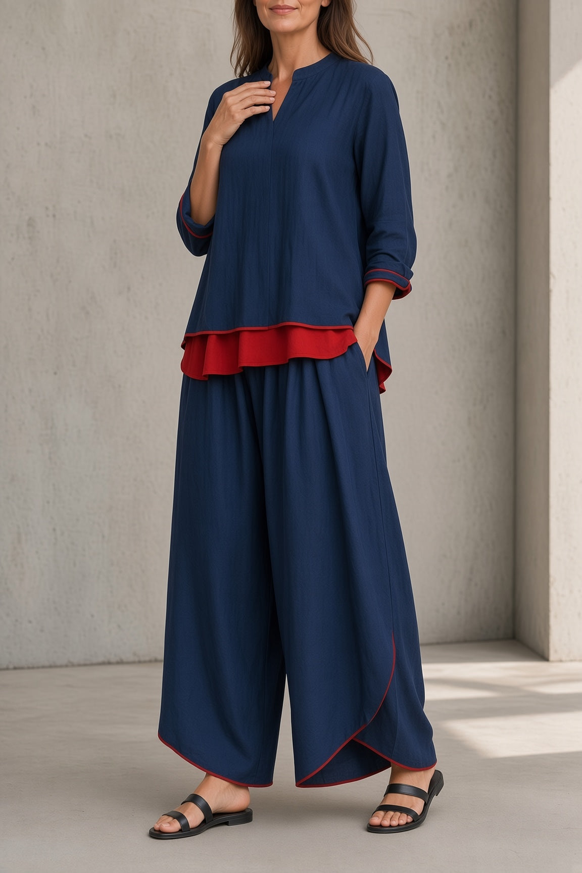 Brittany™ | Contrast-Trim Tunic & Wide-Leg Pants Set