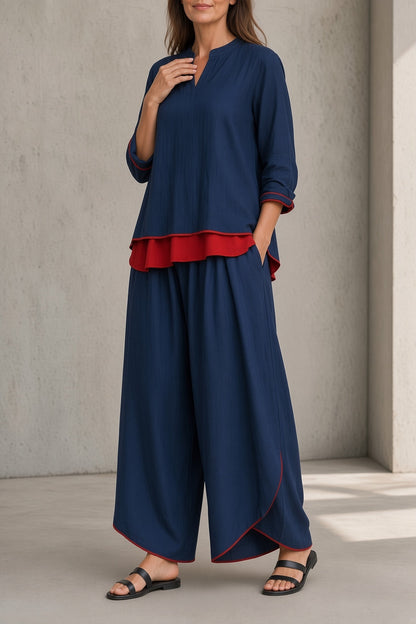 Brittany™ | Contrast-Trim Tunic & Wide-Leg Pants Set