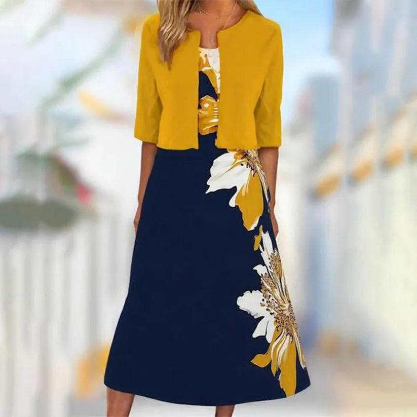 Mary™ | Unique Blue Plant Print Midi Dress With Jacket