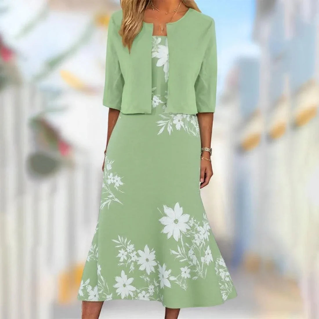 Mary™ | Unique Blue Plant Print Midi Dress With Jacket