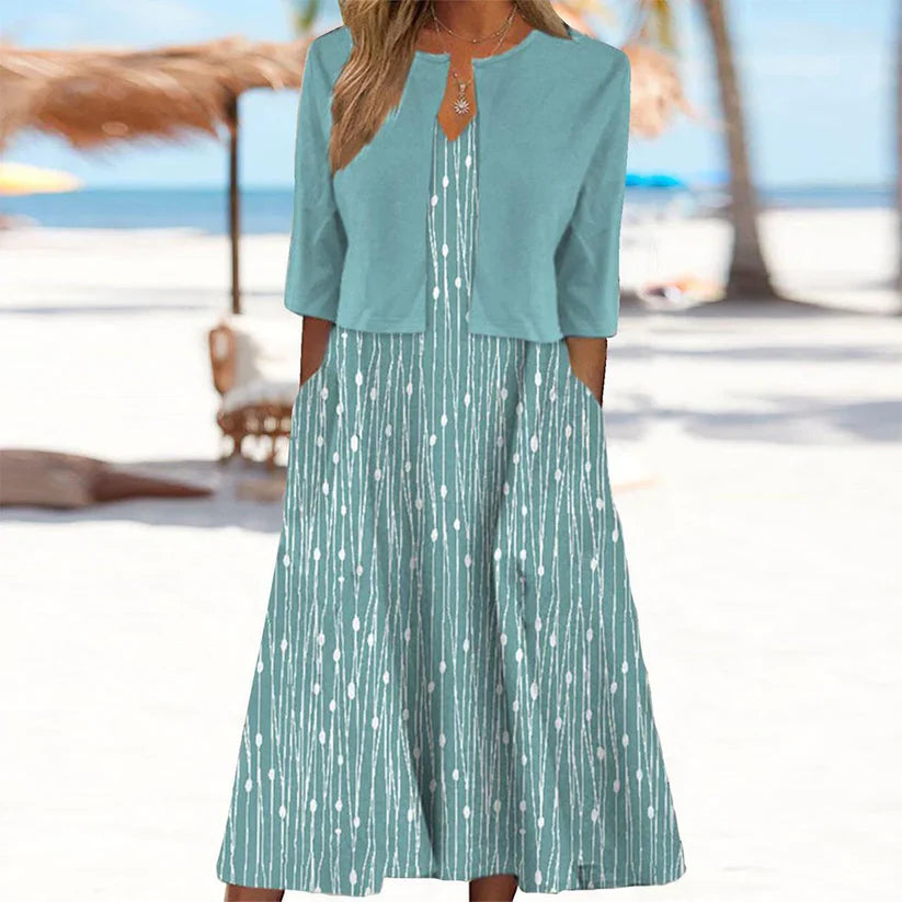 Mary™ | Unique Blue Plant Print Midi Dress With Jacket