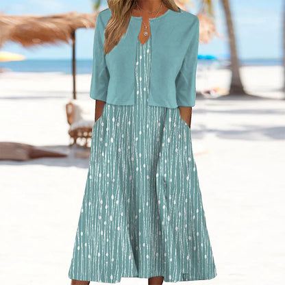 Mary™ | Unique Blue Plant Print Midi Dress With Jacket