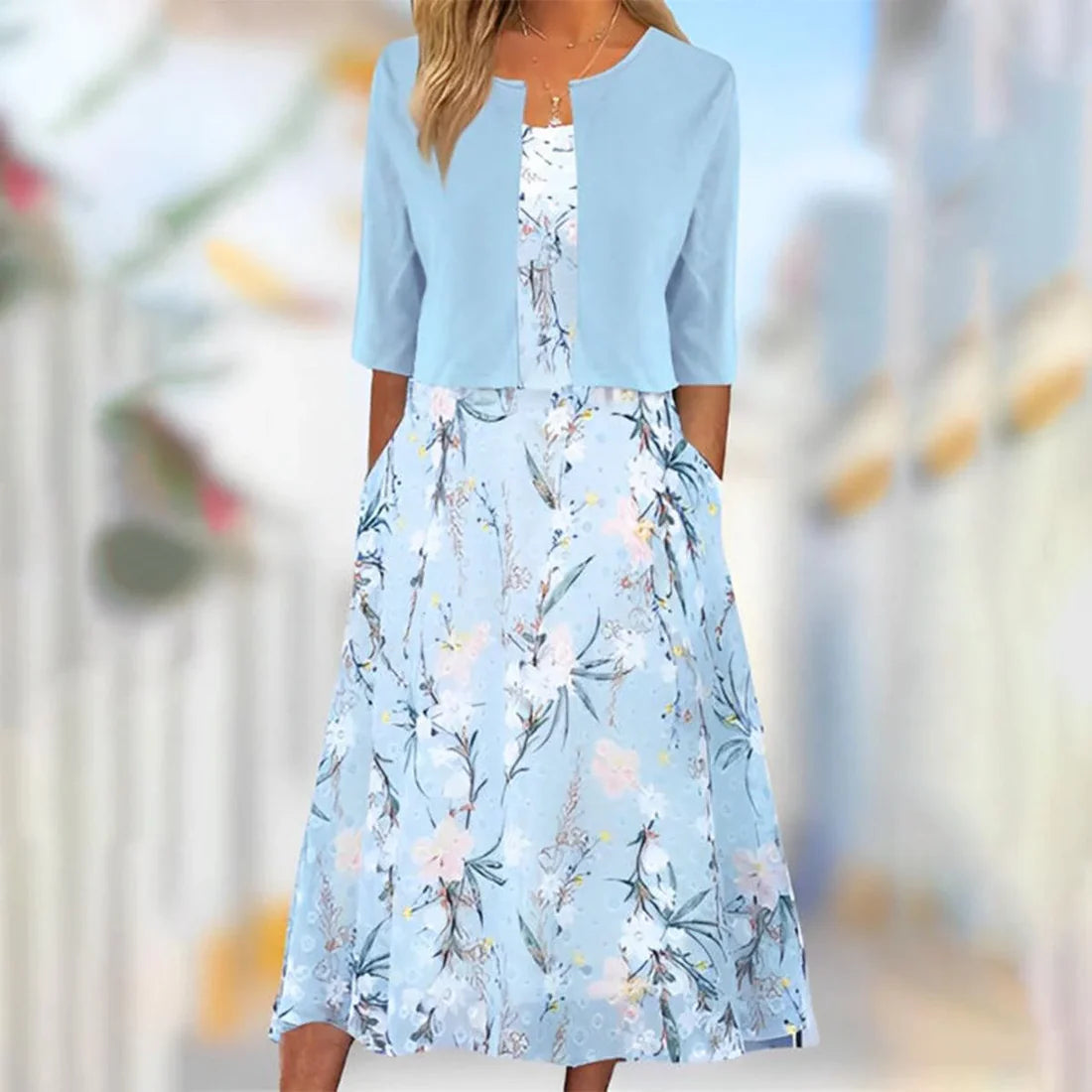 Mary™ | Unique Blue Plant Print Midi Dress With Jacket